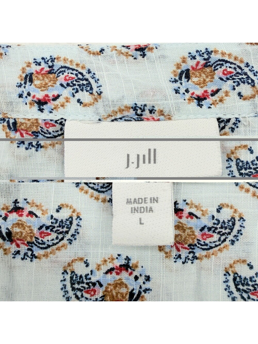 J Jill Top Large Blue Floral Madeira Pintuck Blouse 100% Cotton 3/4 Sleeve Women - Picture 6 of 9
